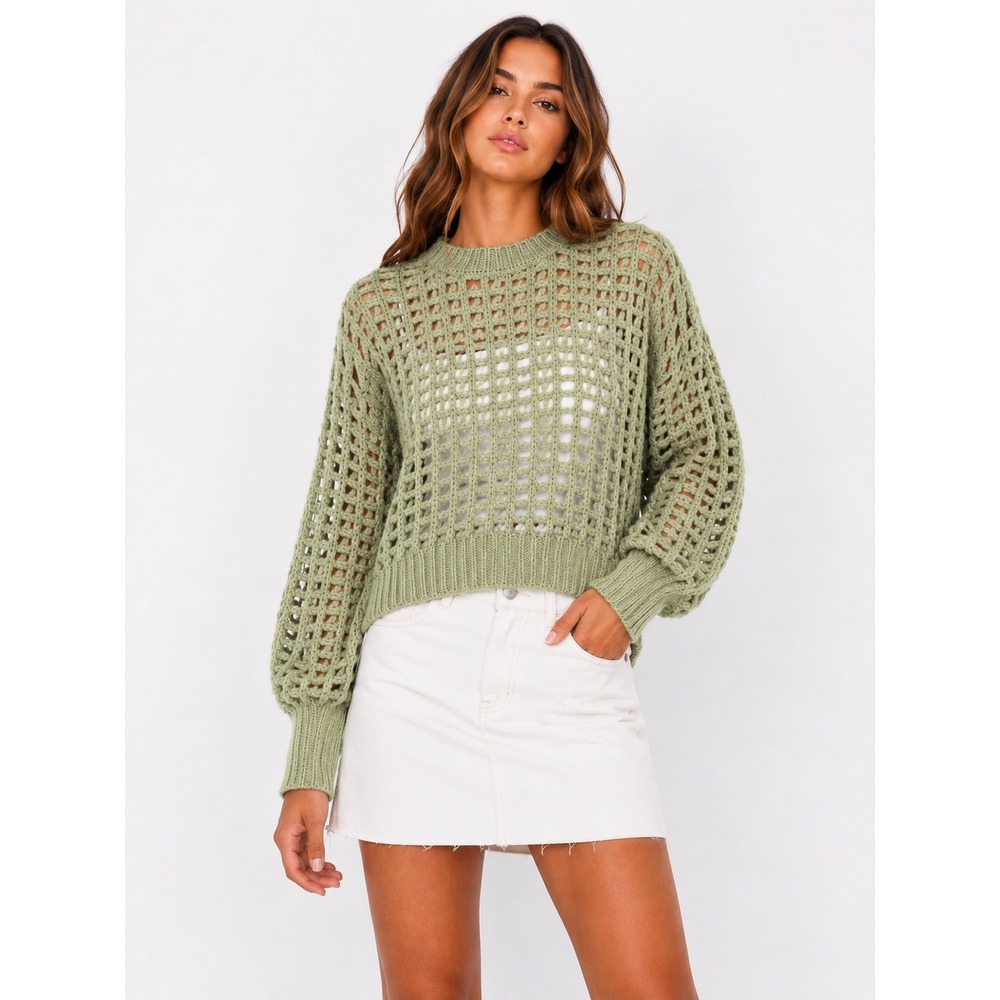Double Zero SMALL Green Crochet Open Knit Sweater Womens Boho Gorpcore DZ24F203